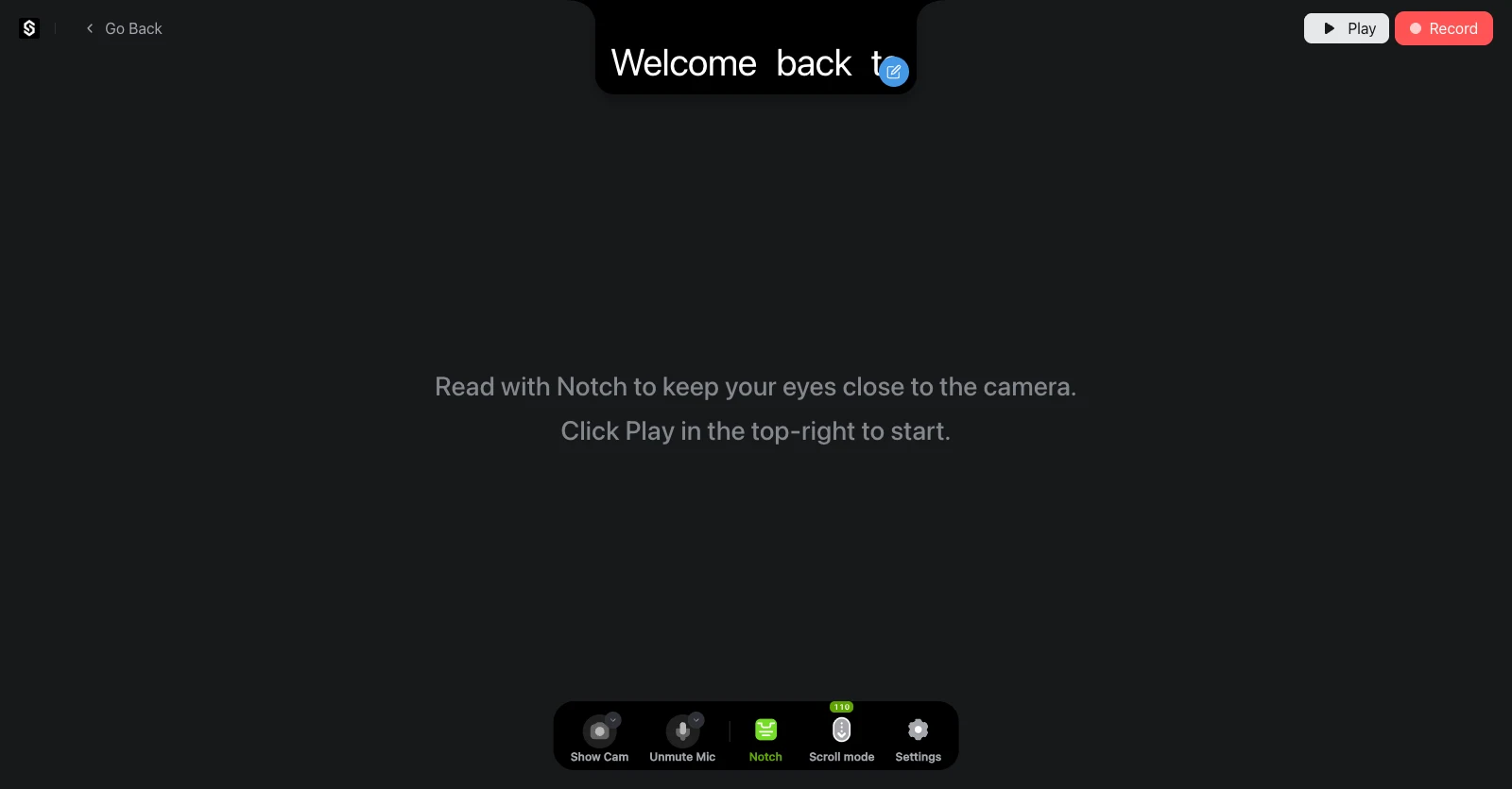 SolPrompter Notch Mode floating prompter positioned under the webcam