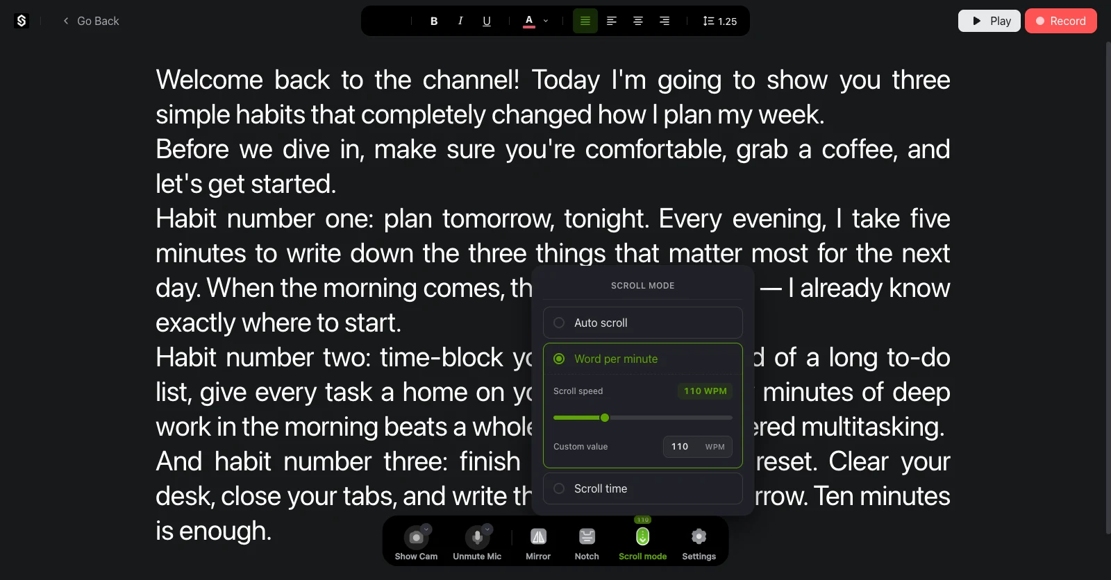 SolPrompter toolbar showing fixed words-per-minute controls and AI Voice Scroll