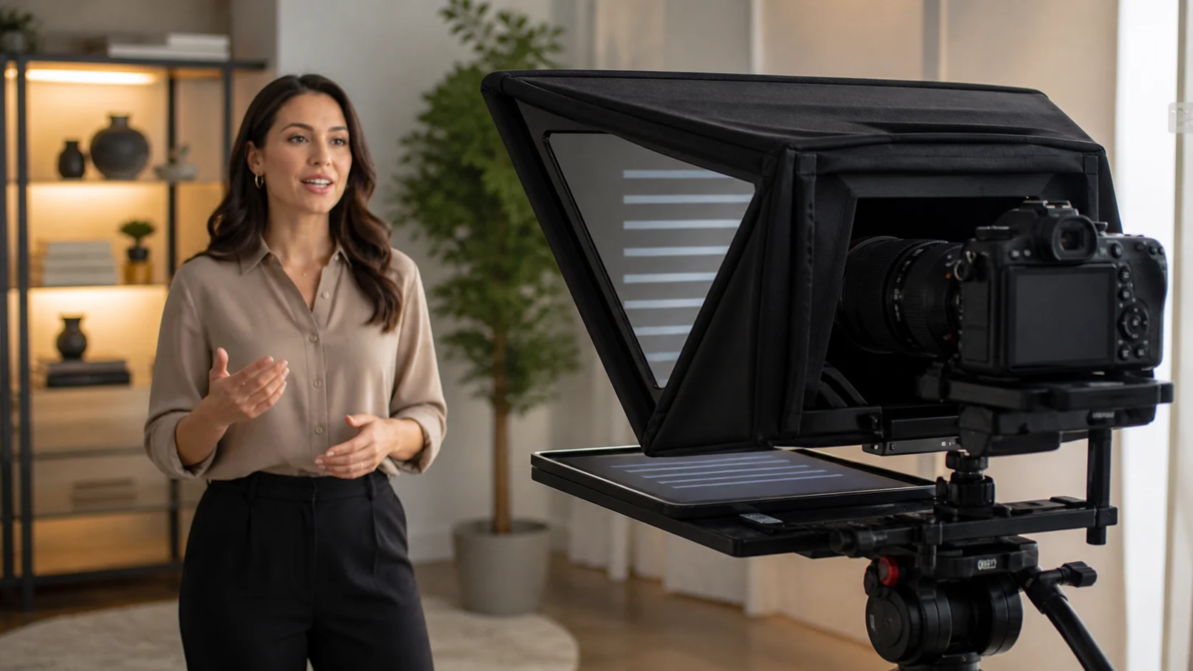 Presenter speaking through a beam-splitter teleprompter with the camera mounted behind the glass