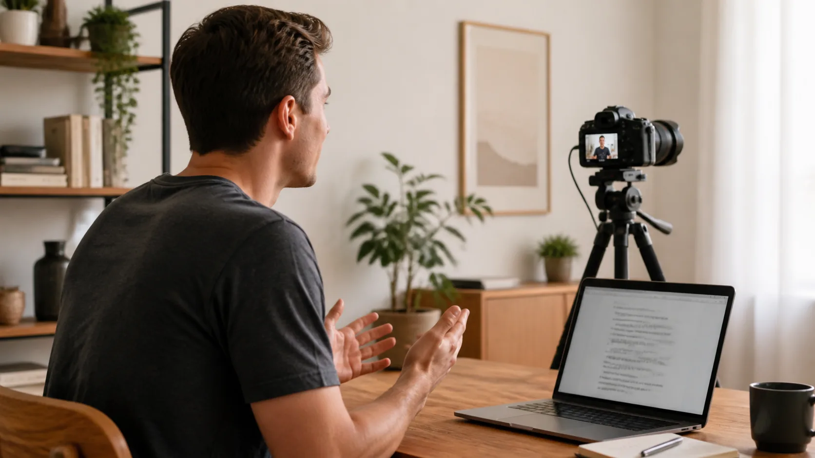 Creator preparing a talking-head video script beside a camera and teleprompter display