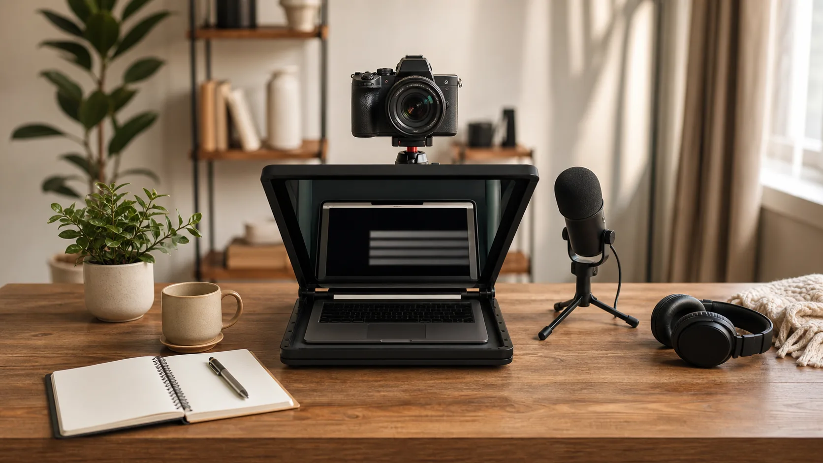 Camera, laptop teleprompter, microphone, and notebook in a creator recording setup