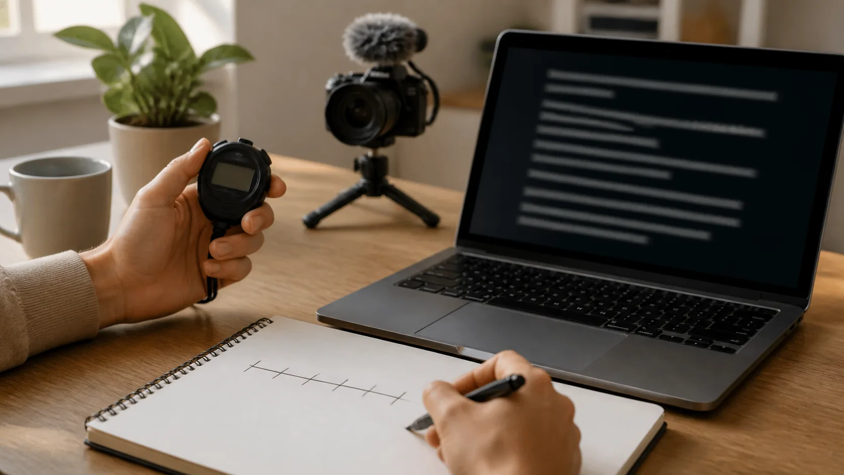 Video creator timing a teleprompter script beside a laptop and camera