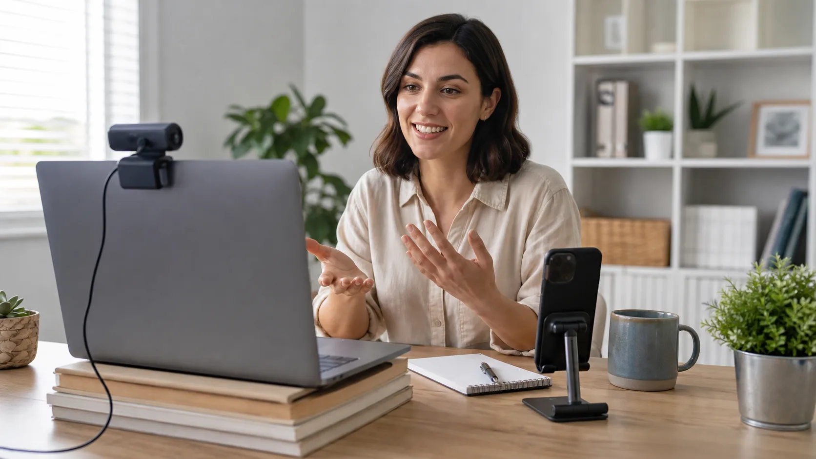 Laptop, webcam, smartphone stand, and microphone in a no-hardware teleprompter setup