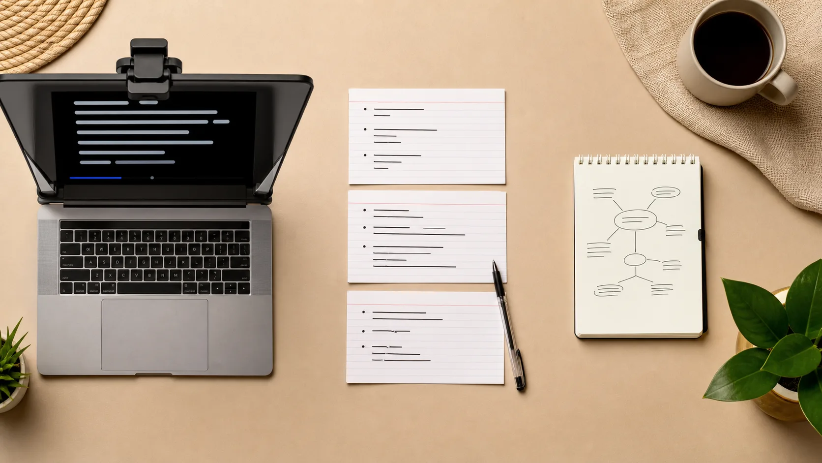Top-down comparison of a teleprompter script, bullet-point cards, and memorization notes