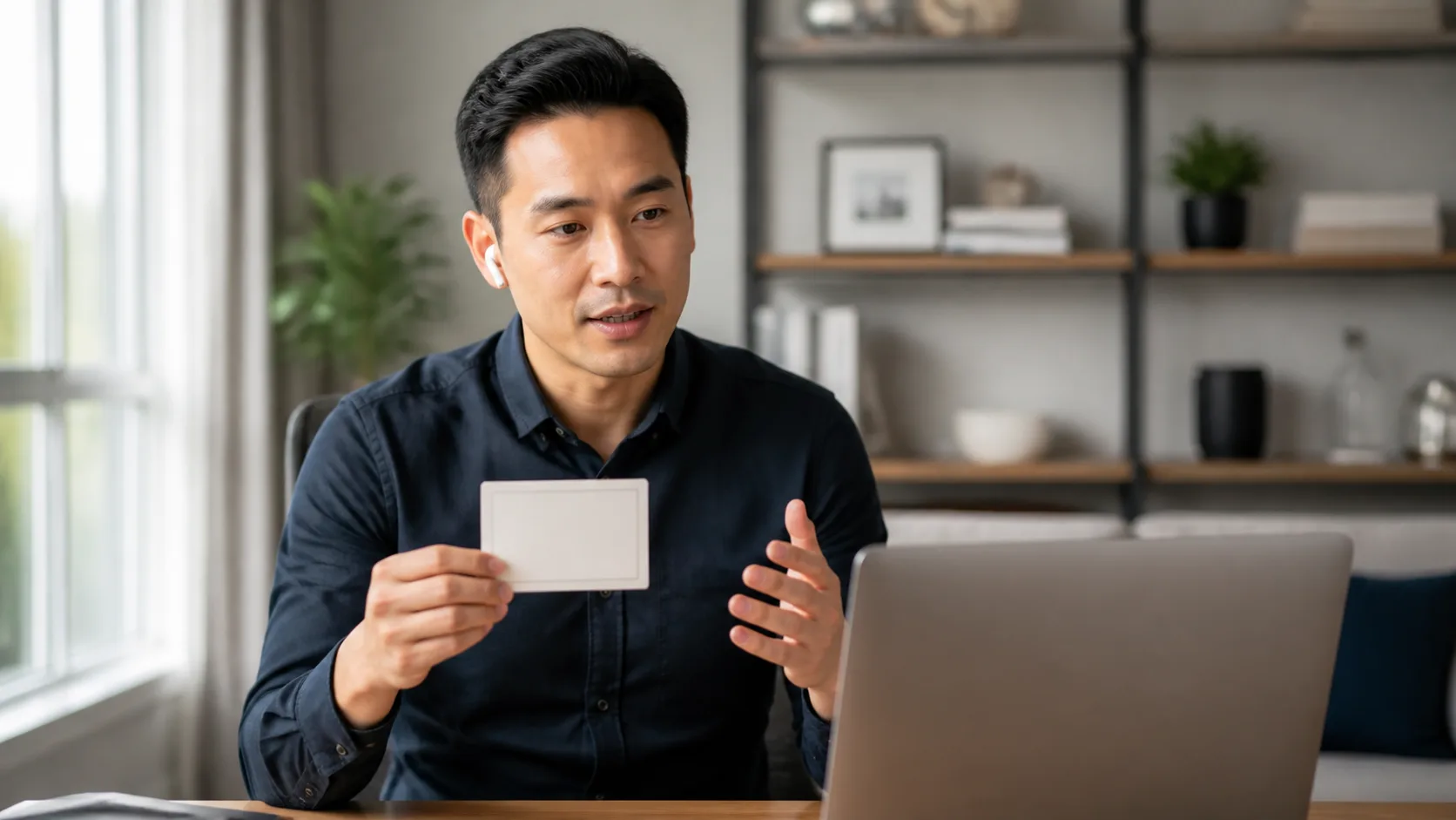 Job candidate practicing an interview introduction in a home office
