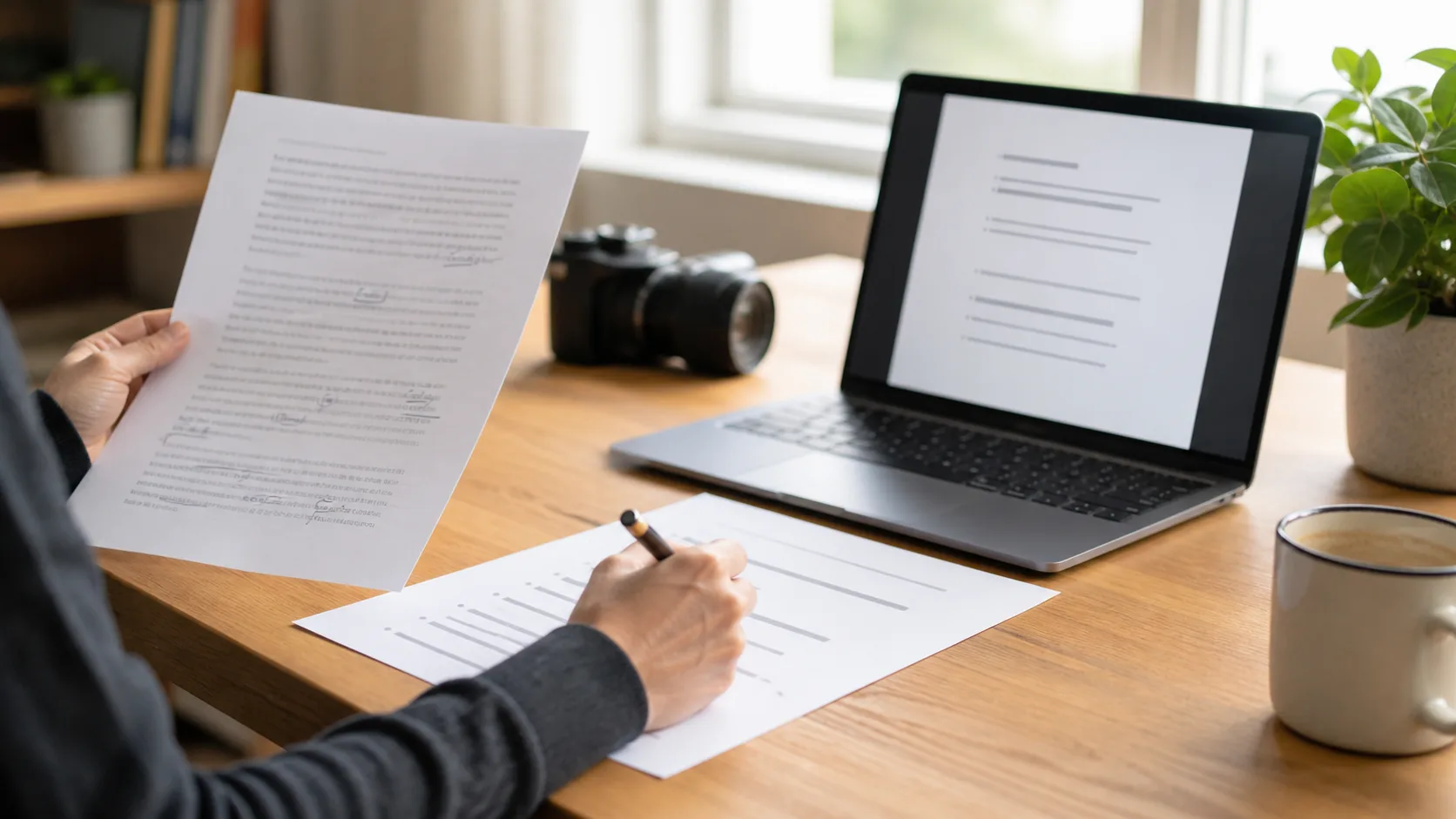 Creator revising a written draft into a natural spoken script beside a microphone and camera