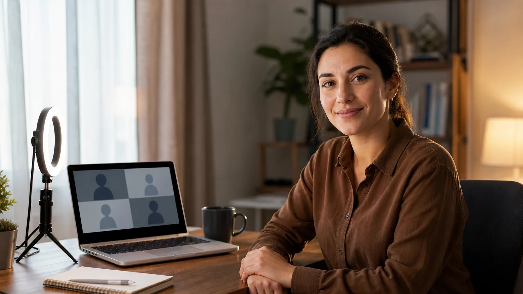Candidate testing camera and microphone for a video job interview at a laptop