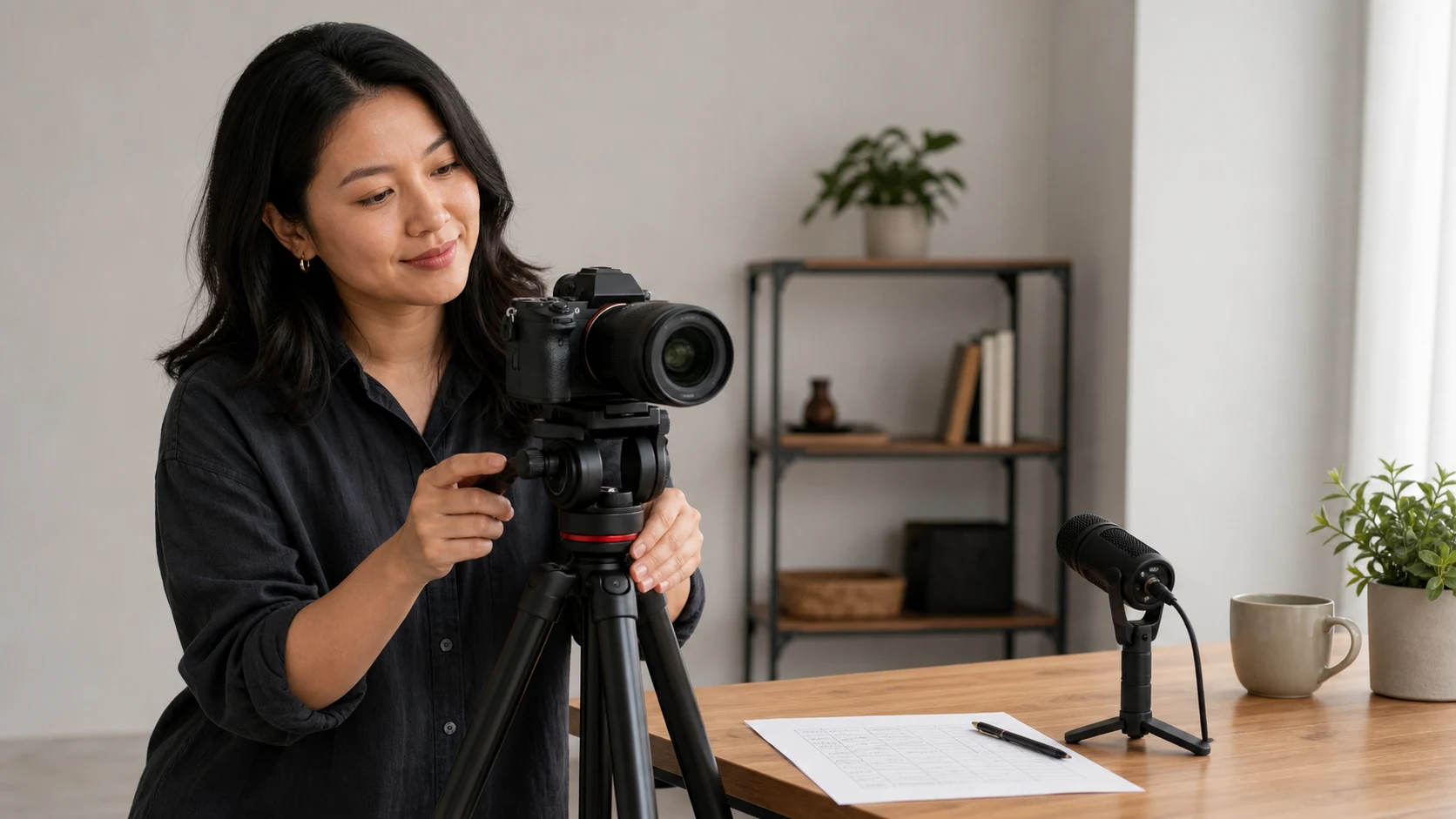 Video creator adjusting a camera on a tripod beside a microphone and a simple shot list