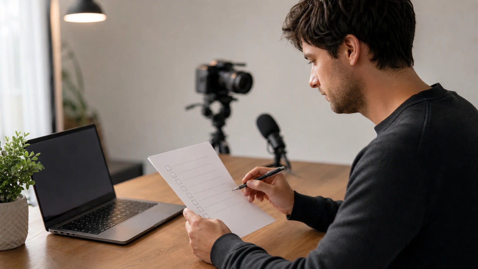 Creator checking a simple video publishing checklist beside a laptop, camera, and microphone