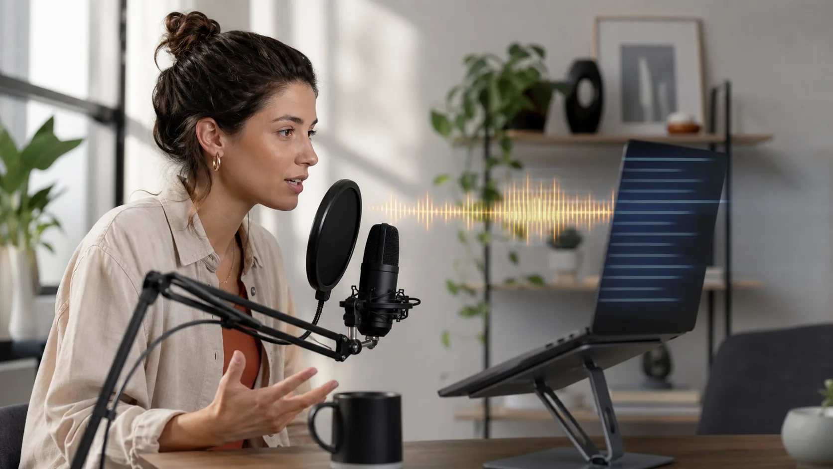 Creator recording with a teleprompter beside an abstract voice waveform and scrolling display
