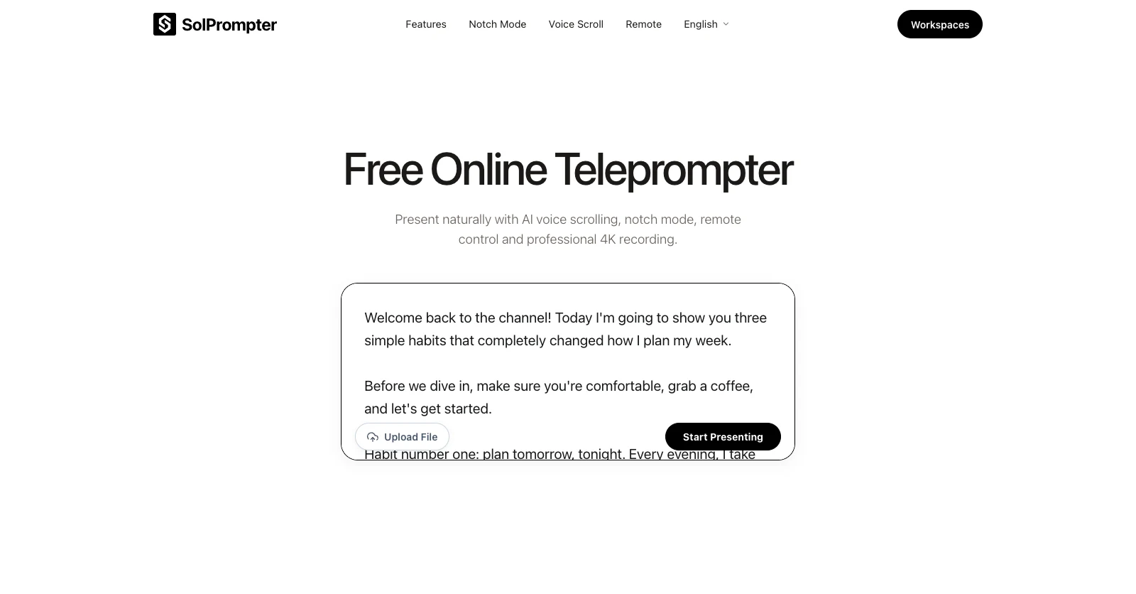 SolPrompter home page with a script pasted into the script box, ready to start presenting
