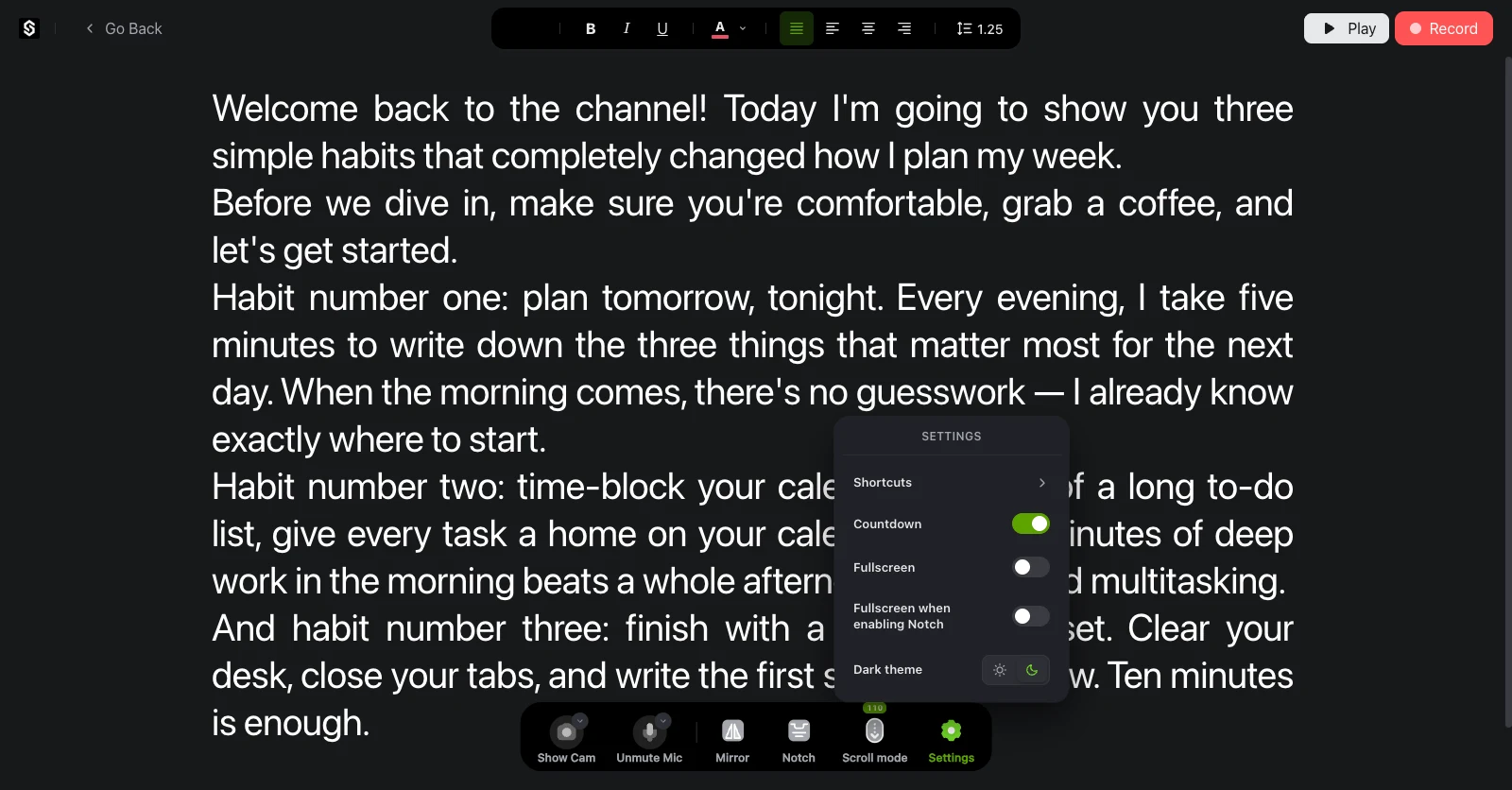 The SolPrompter settings panel showing resolution set to Full HD, plus countdown, fullscreen and dark theme options
