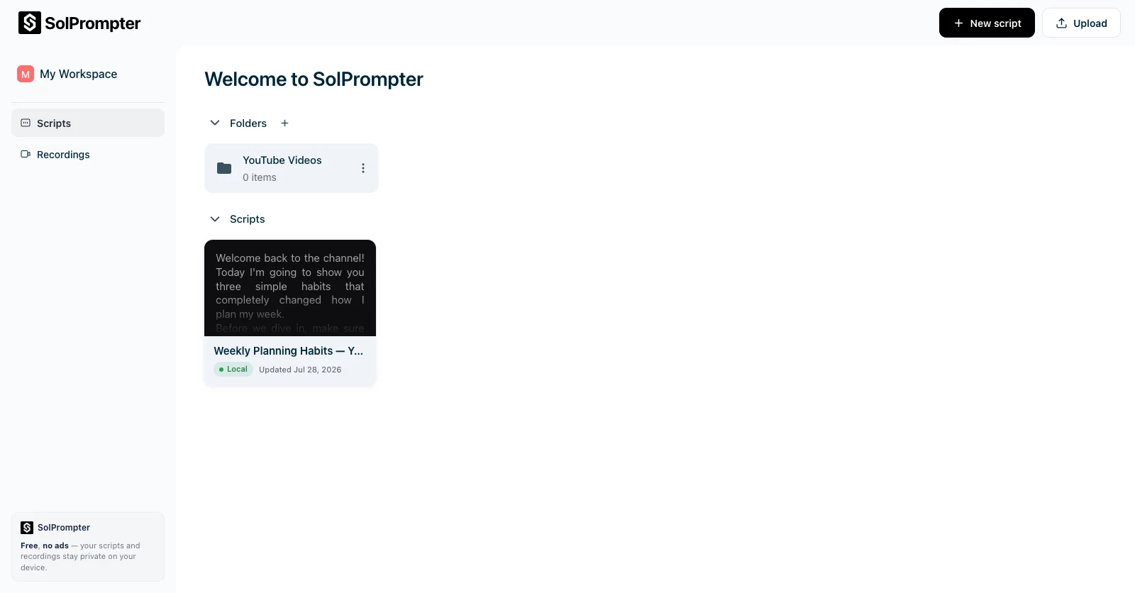 The SolPrompter workspace with a YouTube Videos folder and a saved script card showing a preview of its opening lines
