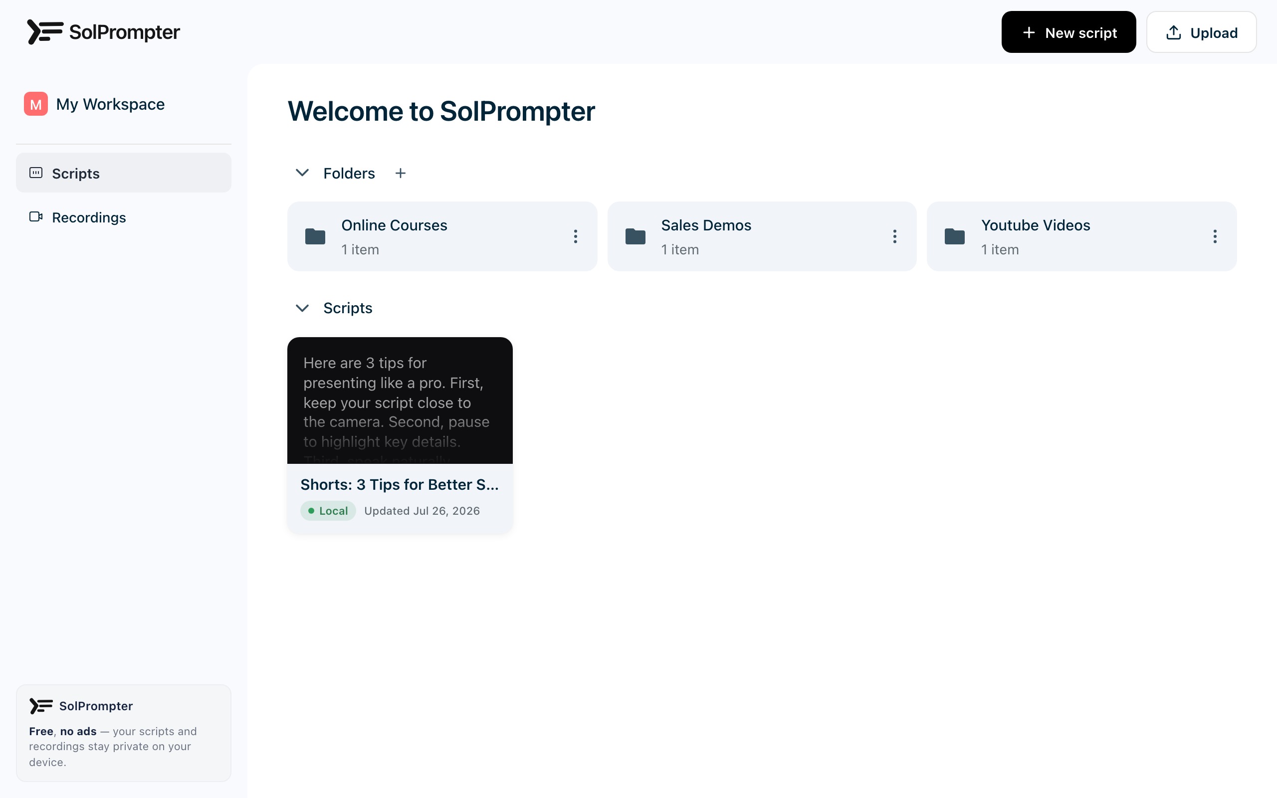 SolPrompter — Vos scripts restent privés